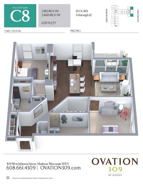 Floor plan for 2 beds, 2 baths, 1229 sqft